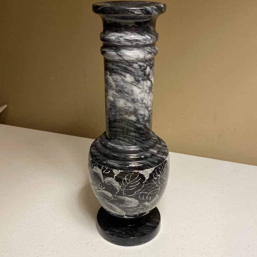 Black Marble Floral Etched Vase